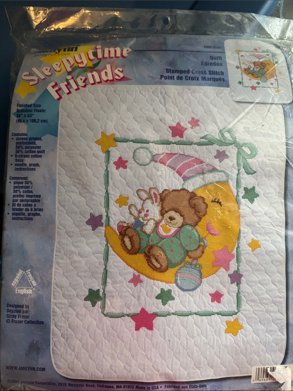 Quilted Baby Bedding - White with Yellow Moon and Multicolor Stars,Cross Stitch